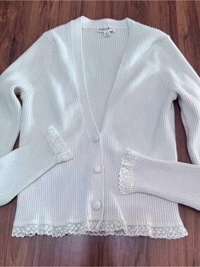 For Love And Lemons White Ribbed Lace-Trim Cardigan